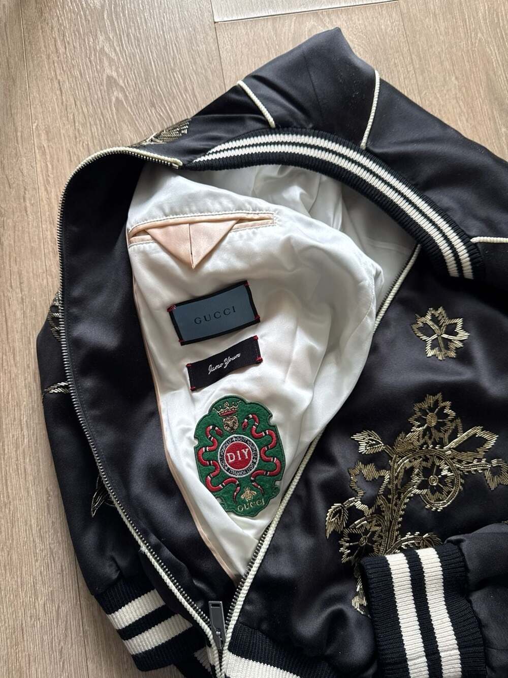 Gucci DIY Custom Embroidered Gold Bullion Silk Souvenir Bomber Jacket